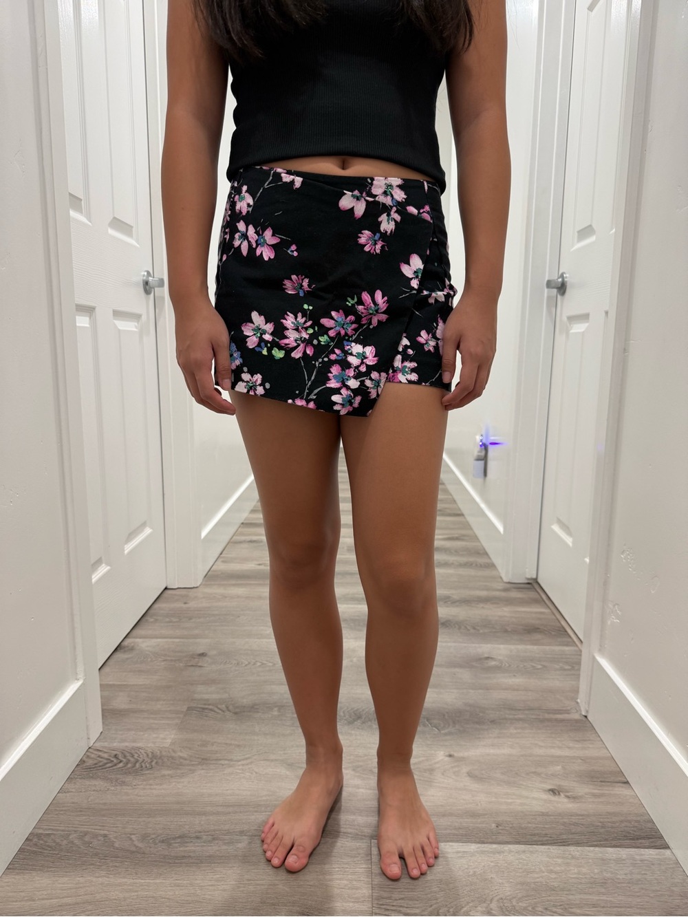 Express Black Floral Wrap-Front Skort with Pink Blossoms